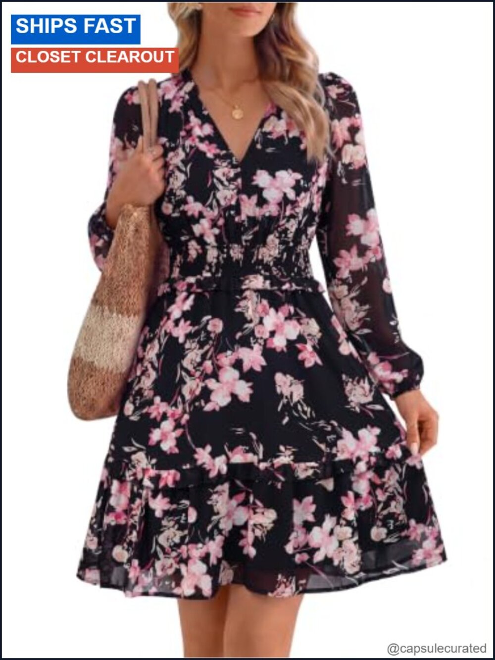 Long Sleeve Floral Chiffon Mini Dress V-Neck Smocked Waist A-Line